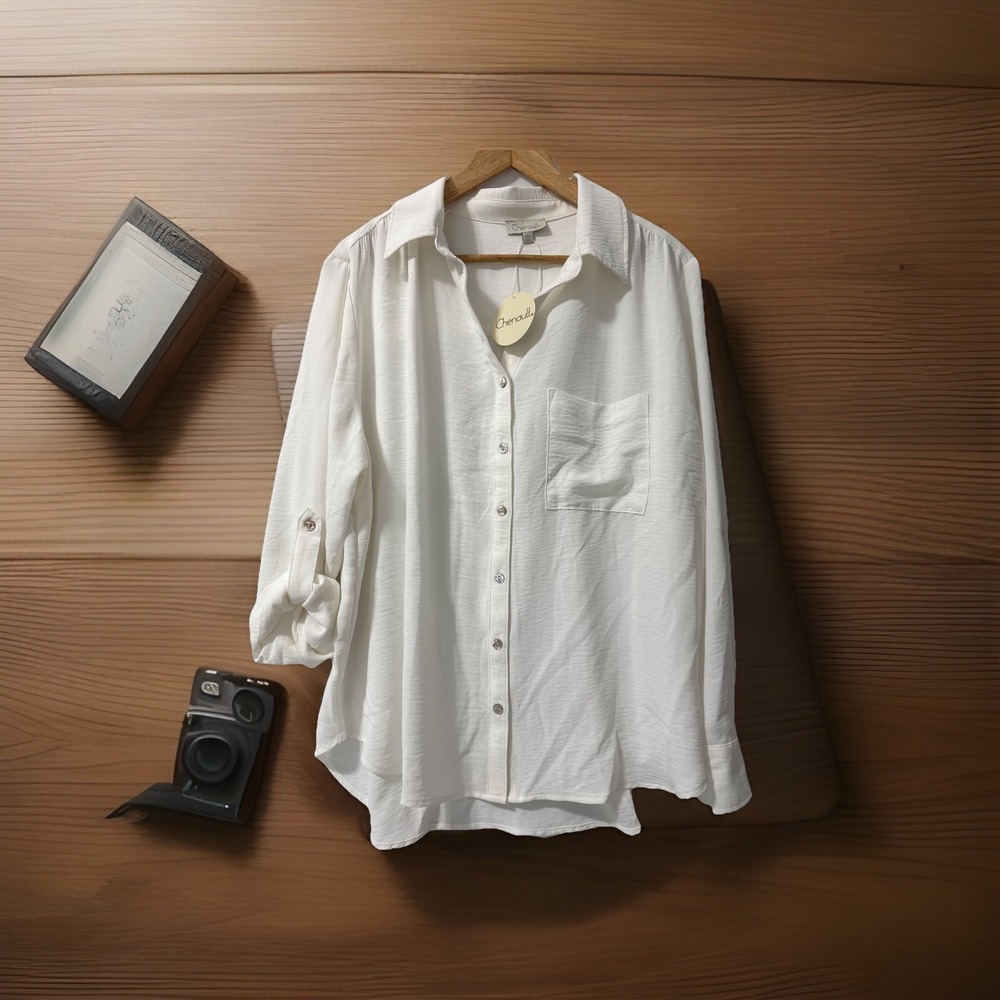 Chenault Button Up Blouse In Cream With Roll Up Sleeves Women's Size 1XL‎